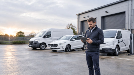 Fleet manager reviewing running costs beside a mixed fleet of petrol, diesel and electric vehicles