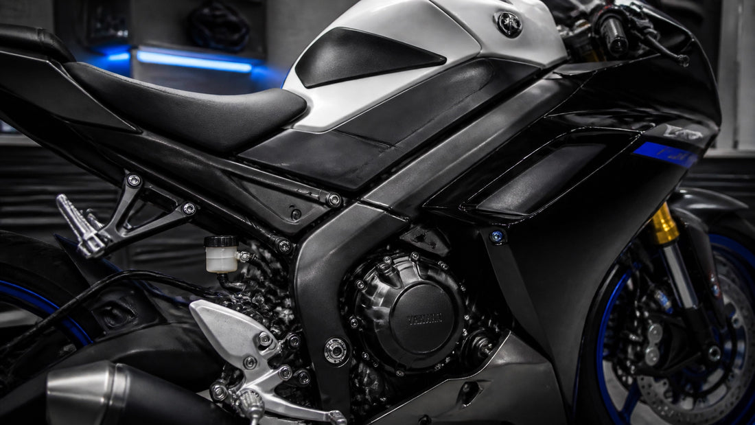 Modern sport motorcycle in a minimalist garage environment