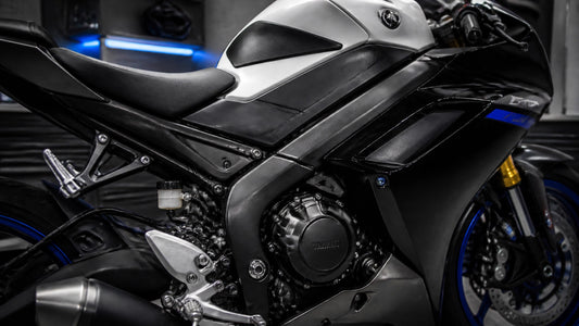 Modern sport motorcycle in a minimalist garage environment