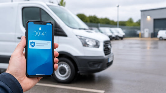 Smartphone showing a vehicle notification beside a parked commercial van