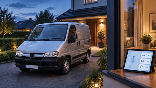 A car parked outside a modern home at dusk with a smart-home dashboard visible through the window