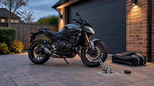 Black motorcycle secured on a residential driveway beside a garage