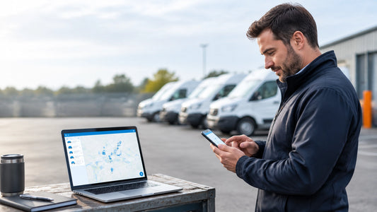 Small business owner checking live vehicle positions on a smartphone in a commercial vehicle yard
