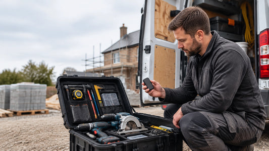 A tradesperson checks an organised tool case beside a work van, with a GPS tracking device in hand