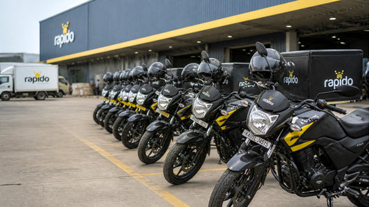 A professional motorcycle fleet parked neatly at a modern delivery distribution hub, representing a well-managed motorcycle f