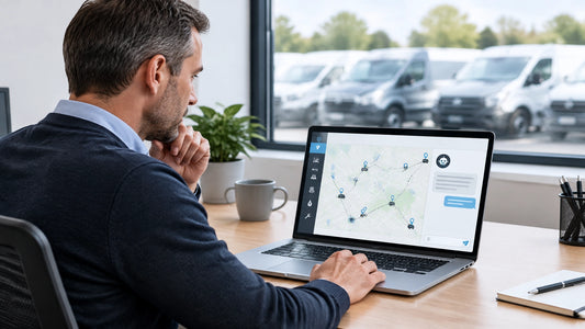 Fleet manager using a laptop with a conversational AI assistant and fleet map